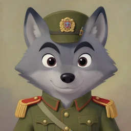cute portrait of an adorable wolf dressed as a soldier : : symmetrical face : : in the style of disney art : : oil painting : :