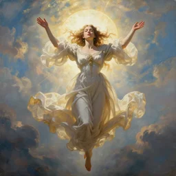 surrealist victorian portrait of mercy flying into the heavens, overwatch!!!, painting by konan lim and durmus bahar, bright sun