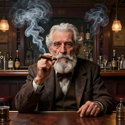 a intricately detailed portrait of an old man, smoking a lit cigar in an pub, a stocked bar, smoke rising like clouds, cantered and balanced, beautifully symmetrical, super resolution, trending on art station, volumetric lighting & shadows, hyper detailed, 8 k, digital art, unreal engine, in the style of a escher, canon 2 0 0 mm,