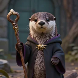 an anthropomorphic otter wearing a wizard robe and holding a witches staff