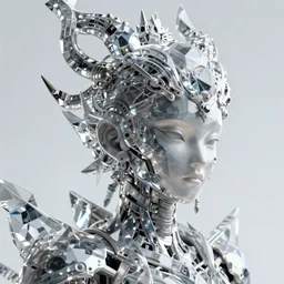 akira from chinese mythology, hi - tech luciferian synthetic, gorgeous and huge head ornaments, dystopian, cyberpunk, mecha, halfturn portrait of a big crystal face made of crystals half - turn, ominous, intricate, studio, art by anthony macbain + greg rutkowski + alphonse mucha, concept art, 4 k, sharp focus