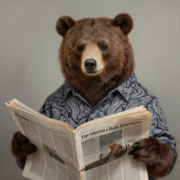 a bear wearing a paisley shirt reading newspapers, highly detailed, portrait painting, illustration by scott gustafson and art station