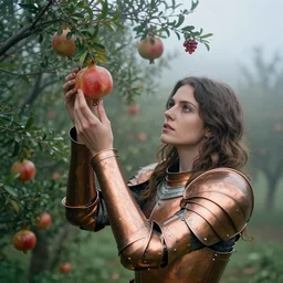 a closeup portrait of a woman wearing iridescent copper armor, picking pomegranates from a tree in an orchard, foggy, moody, photograph, by vincent desiderio, canon eos c 3 0 0, ƒ 1. 8, 3 5 mm, 8 k, medium - format print