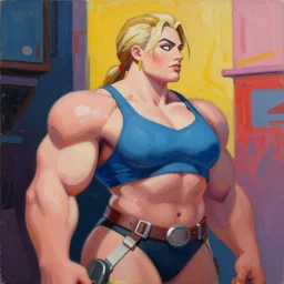 greg manchess portrait of margot robbie as thick female bodybuilder zarya from overwatch in disco elysium, 6 7 4, epic grimdark, fantasy, medium shot, asymmetrical, profile picture, organic painting, sunny day, matte painting, bold shapes, hard edges, street art, trending on artstation, by huang guangjian and gil elvgren and sachin teng
