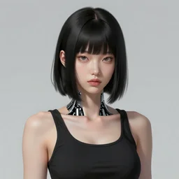 portrait of a cyborg by greg rutkowski, she is about 3 0 years old, korean, pale, black bob hair, she is wearing a black tank top, highly detailed portrait, digital painting, artstation, concept art, smooth, sharp foccus ilustration, artstation hq