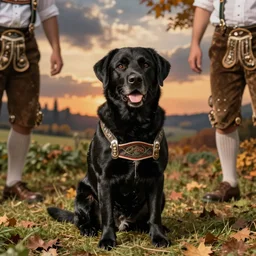 a black Labrador in lederhosen at Octoberfest
