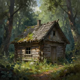 a beautiful painting of of an old abandoned log cabin in a fantasy forest from the witcher by greg rutkowski and kalin popov, trending on artstation, masterpiece,