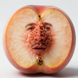 split peach fruit, pit as brad pitt face, visible pit as brad pitt's face, ef 8 5 mm f 1 1. 8 usm bionic scifi alexandre