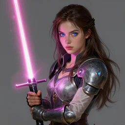 blue eyed brunette girl holding a pink lightsaber!! fire emblem, art by artgerm and greg rutkowski and magali villeneuve, portrait, d & d, fantasy, highly detailed, digital painting, trending on artstation, concept art, sharp focus, illustration