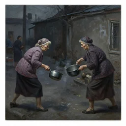 dark oil realistic painting several old women are fighting over saucepans in a gloomy soviet street