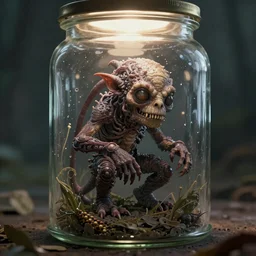 intricate detailed illustration of an ugly small humanoid Cryptid captured in a jar, cinematic lighting, by Sparth and Greg Rutkowski, wide angle, volumetric light scattering, 8k, artstation, concept art,