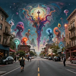 streetview equirectangular 360 photo of cinematic shot of DMT entities, colorful, by Andy Thomas, Mario Martinez, Daniel Mirante, Gustave Dore, Artstation, CGsociety, masterpiece