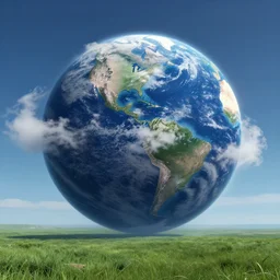 a blue earth-like ocean planet covered in clouds above green grassfield on an alien world, cinematic perspective, daylight, cinematic lighting, blue sky, detailed, 4k, Artstation