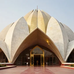 entrance foyer of a futuristic lotus temple with gold, red and white marble panels, in the desert, by buckminster fuller and syd mead, intricate contemporary architecture, photo journalism, photography, cinematic, national geographic photoshoot