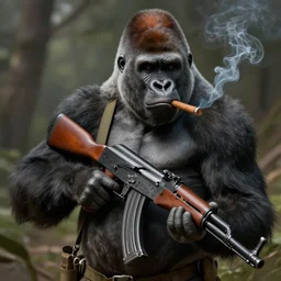 A gorilla holding an AK47 smoking a cigar, digital painting, artstationHQ
