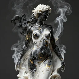 black fluid simulation, 3 d render, female model body portrait, smoke sculpture, intricate fractal patterns, beautiful female body silhouette melting, swirly color mix in white paint, white carved abstract sculpture, black mineral quartz sculpt, swirly curls fractal gold, abstract white fluid, golden edges and fractals, artstation, render, cinematic light, art noveau fresco ink, renessaince paint, liquid acrylic painting