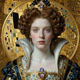 face centered portrait, artwork by james jean, hyperdetailed realistic smooth polished porcelain, beautiful medieval queen, jean delville, art nouveau, gustav klimt, ornate gothic icon, james jean, ultrasharp hyperdetailed photorealistic octane render, iris van heppen, ernst haeckel