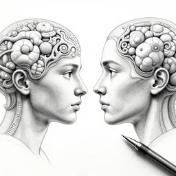 symmetry! portrait of face to face humans scientific intelligences meet online, mooc, organic and intricate, elegant, highly detailed, concept art, smooth lines, sharp focus, lineart, illustration, shadows, penned with thin rotring pen on white, 8 k