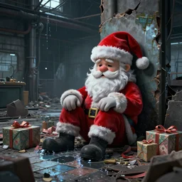 santa's abandoned factory. cyberpunk. apocalyptic. sadness. mess. disorder. santa claus hat. abandoned gifts. water leaks. broken tiles. broken objects. high quality. high fidelity. digital art.