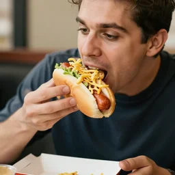 man eating a hotdog