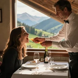 fine italian restaurant with the waiter placing potato chips in a woman's mouth