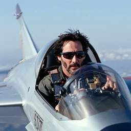 film still of Keanu Reeves as Maverick in cockpit of jet during dog fight in Top Gun 1986
