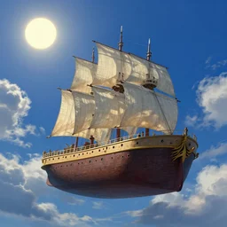a floating ship like noah's ark in the sky, the scene has a deep blue sky with a bright sun and fluffy clouds, in the sytle of gustave dore, rendered in octane, rendered in unreal