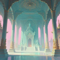 architecture indoors scene vast temple, turquoise pink background, intricate, highly detailed, digital painting, artstation, concept art, smooth, illustration, art by artgerm and hsiao ron cheng
