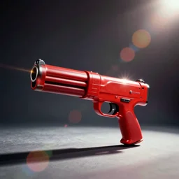 vintage analog product photography of a laser gun, 70s design, , bright red, studio lighting, film grain, lensflare, color bleed, glare