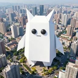 birds eye view of a giant origami monster in a city