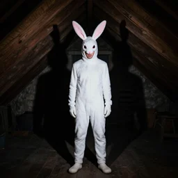 Man with a rabbit costume in the attic, dark, shadows, night, 8k Photography