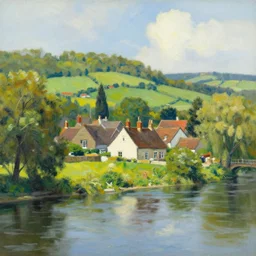 beautiful village by the river landscape styled by peter doig, photo realistic