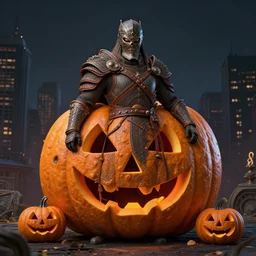 a full body shot of a jack o'lantern warrior by Brahm Revel,colored by Ronda Pattison,city in the background,dark colors,detailed,artstationCGsociety, full length, exquisite detail, post-processing, masterpiece, volumetric lighting, cinematic, hypermaximalistic, high details, cinematic, 8k resolution, beautiful detailed, insanely intricate details,