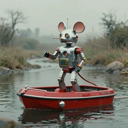 adventurer ( ( ( ( ( 1 9 5 0 s retro future robot android mouse house boat tug boat calm stream. muted colors. ) ) ) ) ) by jean baptiste monge!!!!!!!!!!!!!!!!!!!!!!!!! chrome red