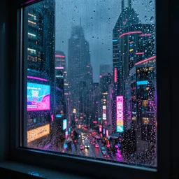 Rainy window overlooking a cyberpunk neon city at night in the rain, glowing advertisements
