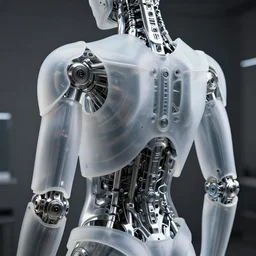 upper back closeup of a complex chromium cybernetic endoskeleton in a dark gray room : : highly detailed : : frosted glass like translucent armor