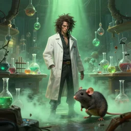 a plague doctor and a humanoid rat in a laboratory with lots of flasks filled with magic liquids and green fog, stephen bliss, unreal engine, fantasy art by greg rutkowski, loish, rhads, ferdinand knab, ilya kuvshinov, rossdraws, tom bagshaw, global illumination, radiant soft light, detailed and intricate environment