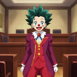 clown girl from ace attorney series, inside the courtroom, found guilty
