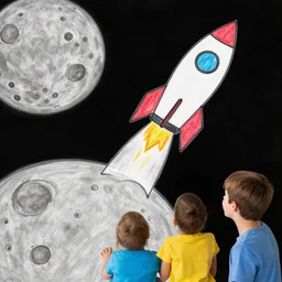 kids drawing of a rocket hitting the moon, sticking throug moon
