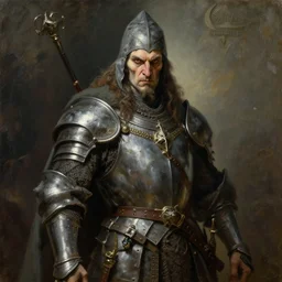 A wizard. He has a very menacing expression. he wears robes and armour. Award winning oil painting by Thomas Cole and Wayne Barlowe. Highly detailed