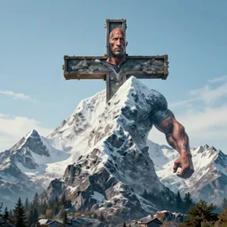 still of cross large mountain & dwayne johnson, anthropomorphism, dwayne johnson and mountain morphed together, mountain made of dwayne johnson, symbolization, 8 k, 8 5 mm, f. 1 4, beautiful composition