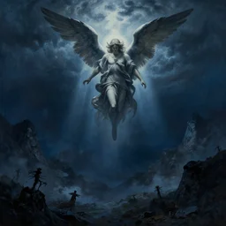 an angel descensing into hell, low ultrawide shot, dark blues, mountains, abyss, stylized, detailed gouache paintings, crepuscular rays, murky, foggy, atmospheric, nicola samori, albert bierstadt, frederic edwin church, beksinski, wayne barlowe's inferno