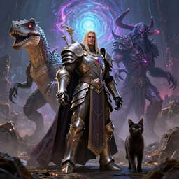 by par olofsson and wayne barlowe, visually stunning, cinematic, ultra realistic, hyper realism, 1 2 k, epic, octane render, unreal engine, vfx, maya, animated armor, archmage's apprentice, renounce darkness, cat trick, unearthed raptor, voodoo master vex, paradox, astral portal, pit lord