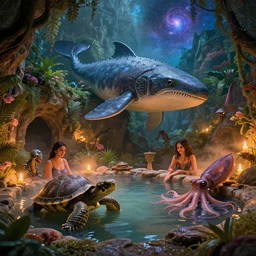 fantasy fairytale story, hybrid great leviathan, cybernetic turtle, cephalopod terrapin, reptilian pachyderm, aishwarya rai bachchan, raptor squid, magical universe, cozy, hot springs, cave, forest, candlelight, natural light, lush plants and flowers, mountains, luminous stellar sky, celestial fantasy, atmospheric lighting, hyper realistic, golden hour, jessica rossier, michael cheval, michael whelan, unreal engine