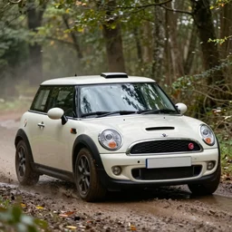 a 2 0 1 1 mini john cooper works clubman, racing through a rally stage in a muddy forest