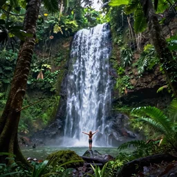 a waterfall in the tropical jungle, magical atmosphere, by Renato muccillo and Andreas Rocha, trending on artstation