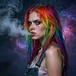 attractive grungy woman with rainbow hair, drunk, angry, soft eyes and narrow chin, dainty figure, long hair straight down, torn overalls, nebula background, side boob, blows smoke, wet shirt, wet, raining, highly detailed face, realistic face, beautiful detailed eyes, fantasy art, in the style of greg rutkowski, illustration, epic, fantasy, intricate, hyper detailed, artstation, concept art, smooth, sharp focus, ray tracing, vibrant,