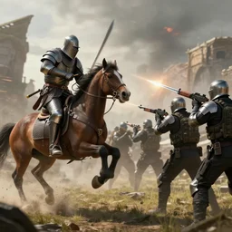 a knight riding a horse fighting a fully armed swat patrol, swords vs guns, time warp, call of duty modern warfare army rangers fighting knights medieval
