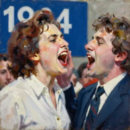 shouting at the democratic national convention, 1964. Oil on canvas portrait by Bertrand Levenson. Vivid, trending on Artstation