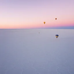 elevated view of hot air balloon in flight, rule of thirds, Salar De Uyuni white salt bed in distance, sunset (pink), golden hour, Photorealistic, establishing shot, cinematic lighting, , dramatic lighting, atmospheric, realistic, octane render, highly detailed, color graded, matte painting in the style of simon stalenhag